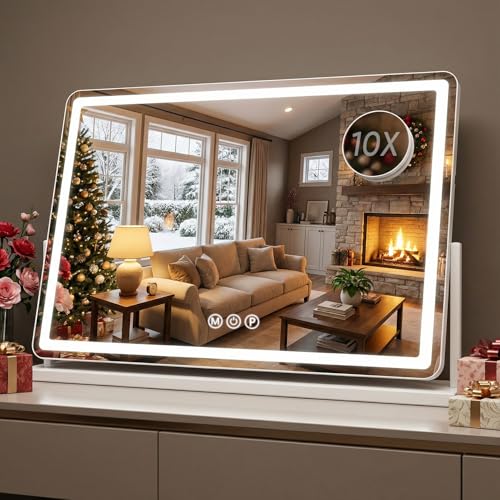 Antok Vanity Mirror with Lights, 33"X23" Lighted Makeup Mirror, Smart Touch, 3 Color Modes and Brightness Adjustable, LED Vanity Mirror with Detachable 10X Magnification, 360° Rotation for Makeup Desk - size: 33"L x 23"W