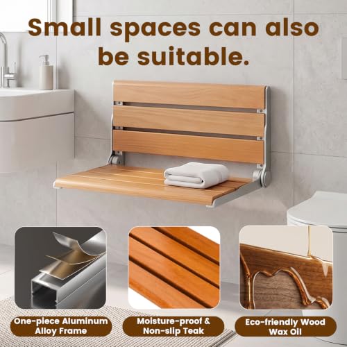 18" Wall Mount Shower Seat, Fold Down Bench for Inside Shower | Natural wood seat provides sturdy support for showering, home care and versatile living spaces - color: Yellow