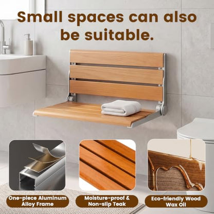 18" Wall Mount Shower Seat, Fold Down Bench for Inside Shower | Natural wood seat provides sturdy support for showering, home care and versatile living spaces - color: Yellow
