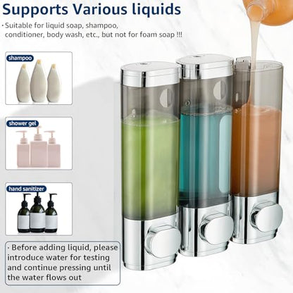 Pollock Shampoo and Conditioner Dispenser Wall Mounted | Shower Soap Dispenser 2 Chamber No Drill, Shampoo Dispenser for Shower, Body Wash Dispenser for Bathroom, Large Capacity - color: Silver Dg3 Chamber