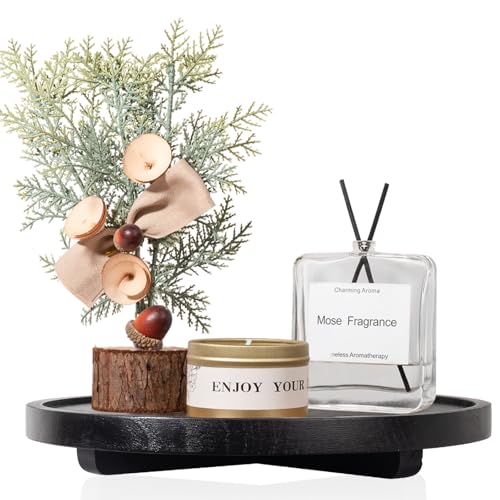 Round Decorative Tray Wood Bathroom Counter Organizer Farmhouse Kitchen Decor Wooden Riser for Soap Dish, Perfume, Candle, Sponge, 11" - Black - color: Black, size: 11"
