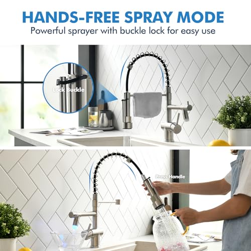 VFAUOSIT Kitchen Faucet with Pull Down Sprayer, Brushed Nickel LED Light | Dual Outlets, Hands-Free Spray Lock, 360° Swivel, cUPC/CEC Certified, 10-Minute Tool-Free Setup, Ceramic Disc Valve - color: Brushed Nickel-04