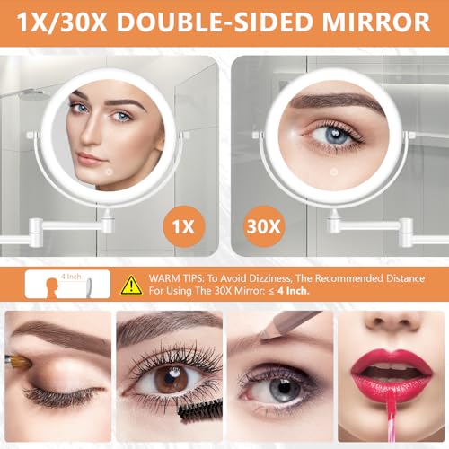 Auxmir 1X/30X Wall Mounted Makeup Mirror, 8" Rechargeable Magnifying Mirror | double-sided button, 3200mAh, 3 dimmable colors, 360° rotation, extended arm, 30X magnification, bathroom, white - color: 8'' 30x-white