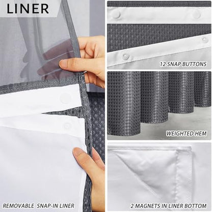 Furlinic No Hooks Needed Waffle Weave Shower Curtain with Snap in Fabric Liner,Honeycomb Texture Bathroom Curtains with See Through Top Window,Waterproof,Dark Grey,71x96 Inch - color: Dark Grey, size: 71"W x 96"L (Pack of 1)