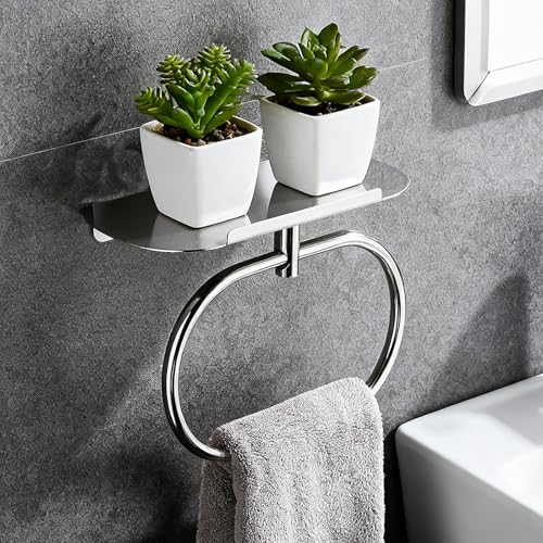 Towel Ring with Shelf Steel Self, Stainless Steel Bath Towel Rings, Self Adhesive Hand Towel Ring for Bathroom, Wall Mounted Towel Hanger for Bathroom Kitchen (Chrome) - color: Chrome