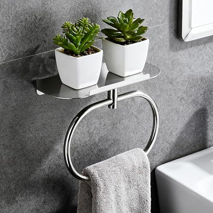 Towel Ring with Shelf Steel Self, Stainless Steel Bath Towel Rings, Self Adhesive Hand Towel Ring for Bathroom, Wall Mounted Towel Hanger for Bathroom Kitchen (Chrome) - color: Chrome