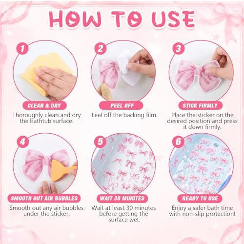 Fullhawl 30 Pcs Pink Bow Non Slip Shower Stickers, Bathtub Safety | Pink Bow Design, Slip Resistant Texture, Easy Application, Creates a Cute and Safe Bathroom Space - style: Pink Bow