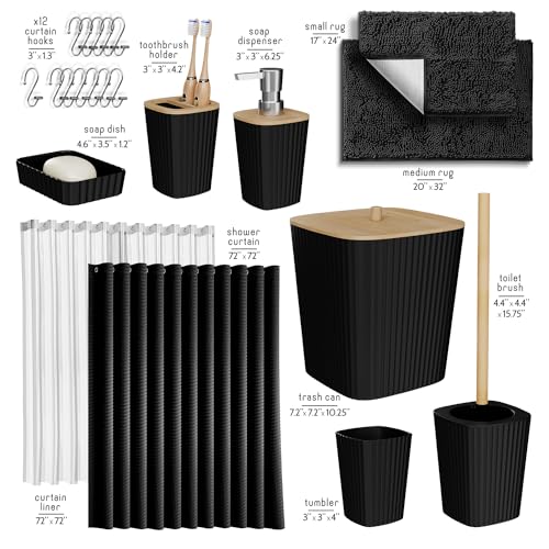 Clara Clark Black Bathroom Set, Bathroom Sets with Shower Curtain and Rugs | 22 Piece Bathroom Accessories Set with Toothbrush Holder, Soap Dispenser, Soap Dish, Toilet Brush, and Bathroom Trash Can - color: Black, size: Complete Set + Bath Rugs