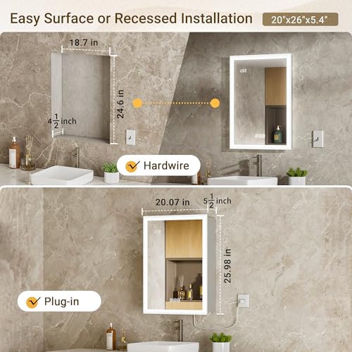 20x26 Medicine Cabinet Mirror with Double Lights & Clock, Front+Backlit Surface or Recessed Fogless Lighted Medicine Cabinet Mirror, 155°Soft-close Right Hinge,Time-Display,Outlet,Inner Light - size: 20x26'' (Right Hinge)