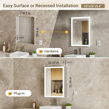 20x26 Medicine Cabinet Mirror with Double Lights & Clock, Front+Backlit Surface or Recessed Fogless Lighted Medicine Cabinet Mirror, 155°Soft-close Right Hinge,Time-Display,Outlet,Inner Light - size: 20x26'' (Right Hinge)
