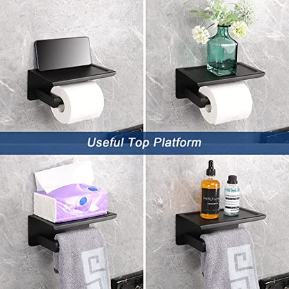 NearMoon Toilet Paper Holder with Shelf, Heavy Duty Bath Toilet Roll Holder with Phone Shelf Tissue Hanger for Bathroom/Kitchen No Drill or Wall Mounted(304 Stainless Steel, Matte Black) - color: Matte Black