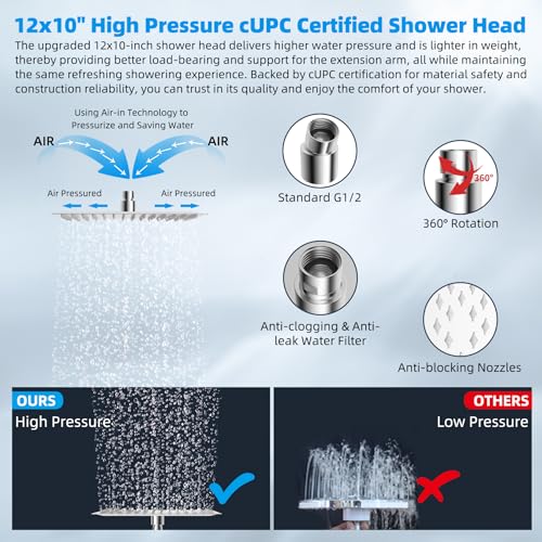 Hibbent All Metal 12'' Rain Shower Head with 16'' Extension Arm, Chrome | cUPC Certified High Pressure Rainfall Showerhead with Solid Brass Adjustable Shower Head Extension Arm, Fixed Showerheads - color: Chrome, style: Square 12''