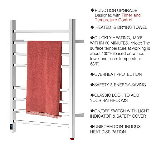 HEATGENE Towel Warmer with Timer and Temperature Control, Electric Towel Warmer with 8 Square Bars, Wall-Mounted Electric Towel Rack with 8 Square Bars, Plug-in/Hardwired Towel Rails - Mirror Polish - color: Mirror Polish