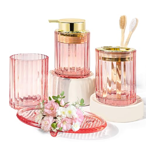 CERBIOR Bathroom Accessories Set, 4 PCS Glass Bathroom Set,Golden Pink | Includes Soap Dispenser, Toothbrush Holder, Toothbrush Cup, Soap Dish for Decorative Countertop and Housewarming Gift - style: Grey Pink