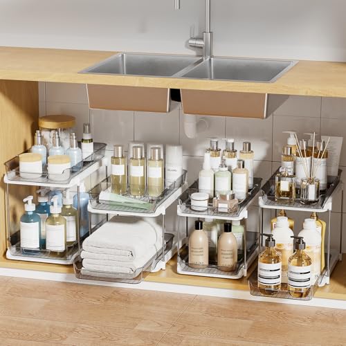 Delamu 2-Tier Multi-Purpose Bathroom Under Sink Organizers and Storage, Stackable Kitchen Pantry Organization, Pull Out Medicine Cabinet Organizer with Movable Dividers, Grey, 4 Pack - color: Grey, size: 4 Pack