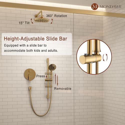 MONDAWE 8 Inch Wall Mounted Shower Faucet Set in Brushed Gold, Rainfall Shower Head with 3-Setting Handheld Spray Shower Set Combo, High Pressure Shower System with Solid Brass Valve - color: Brushed Gold, style: 8 IN - Without Tub Spout