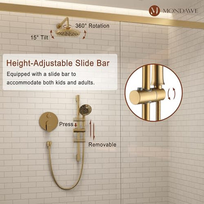 MONDAWE 8 Inch Wall Mounted Shower Faucet Set in Brushed Gold, Rainfall Shower Head with 3-Setting Handheld Spray Shower Set Combo, High Pressure Shower System with Solid Brass Valve - color: Brushed Gold, style: 8 IN - Without Tub Spout