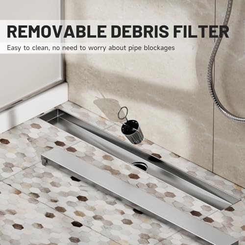 Brushed Nickel Linear Shower Drain,24 inch with Insert Grate | Premium Stainless Steel Material,Easy to clean,Fast Drainage to Avoid Standing Water,Fast Drainage,Prevents Sewer Backflow - size: 24 Inch