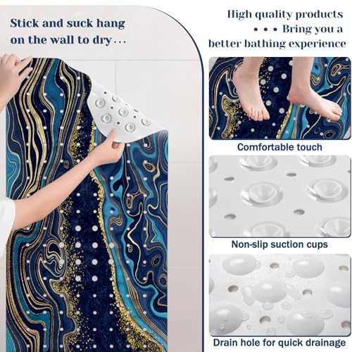 Marble Bath Tub Mat Non Slip, Blue Geometric Marble Non Slip Bath Mat for Shower, Large Washable Shower mats for Showers with Drain Holes and Suction Cups,40 X 16 Inch - color: Blue Geometric Marble