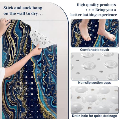 Marble Bath Tub Mat Non Slip, Blue Geometric Marble Non Slip Bath Mat for Shower, Large Washable Shower mats for Showers with Drain Holes and Suction Cups,40 X 16 Inch - color: Blue Geometric Marble