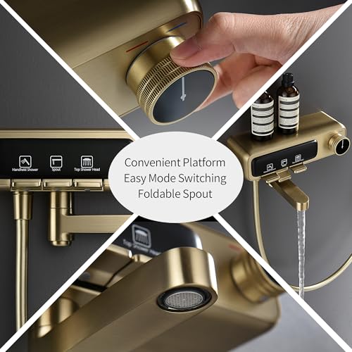 10" Square Rainfall Bathtub and Shower Trim Systems with Rotating Handheld Sprayer, Foldable Tub Spout, Wall-Mounted, Solid Brass Valve with Shampoo Platform- Brushed Gold (Square, Brushed Gold) - style: Square