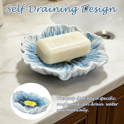 Ceramic Soap Holder with Flower Arrangements, Automatic-Draining Soap Tray for Bathroom Sink & Shower, Small Cute Elegant Glazed Holder, Easy to Clean (Blue) - color: Blue