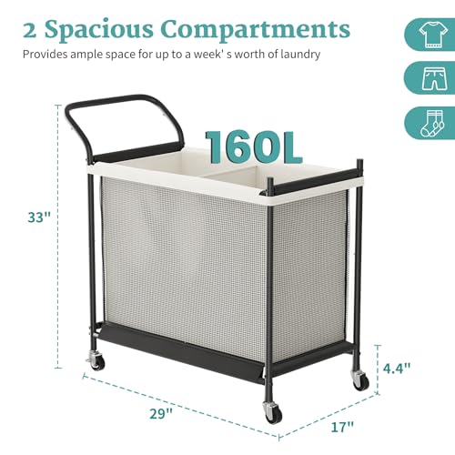 Laundry Hamper with Wheels - 2 Section Laundry Basket 160L, Removable Washable Bags, Height-Fitted Rolling Laundry Cart for Laundry Room & Bedroom - size: 160L(2-Section)