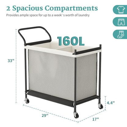 Laundry Hamper with Wheels - 2 Section Laundry Basket 160L, Removable Washable Bags, Height-Fitted Rolling Laundry Cart for Laundry Room & Bedroom - size: 160L(2-Section)