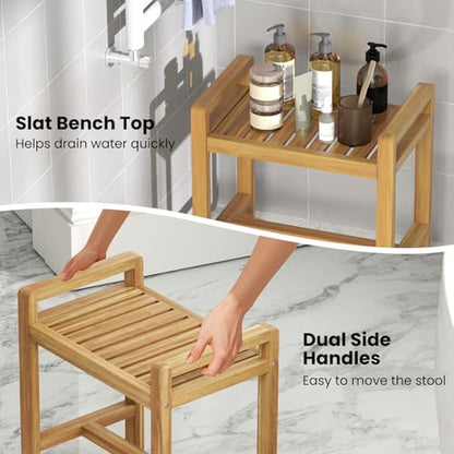 Giantex Teak Wood Shower Bench - 20" Waterproof Shower Stool with Handles and Slatted Seat for Inside Shower, Shaving Legs, Bath Tub Shower Seat, Bathroom Stool for Elderly Seniors