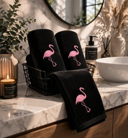 3-Pack Flamingo Fingertip Kitchen Towels, Deluxe Premium Terry Velour Hand Towels, 100% Cotton, Quick Drying and Highly Absorbent, Ultra Soft Bath Towels Set (Black)