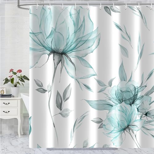 Teal Grey Watercolor Floral Shower Curtain, Flower Leaves Minimalist Aesthetic Art Shower Curtains for Bathroom Sets Decor, Waterproof Polyester Cloth Fabric with 12 Hooks,60x72 Inch - color: Teal, size: 60"W x 72"L (Pack of 1)