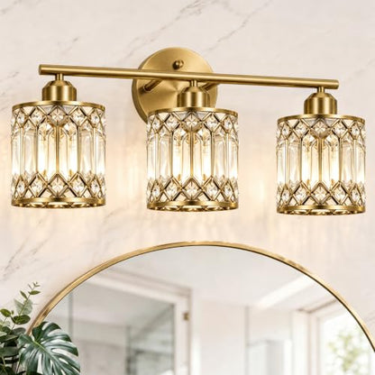 Lxybcce Brushed Antique Brass 3-Light Bathroom Vanity Light, 19 in Modern Crystal Bathroom Lighting Fixtures Over Mirror, E26 Hardwired Bathroom Wall Sconce - color: Gold, size: 19in