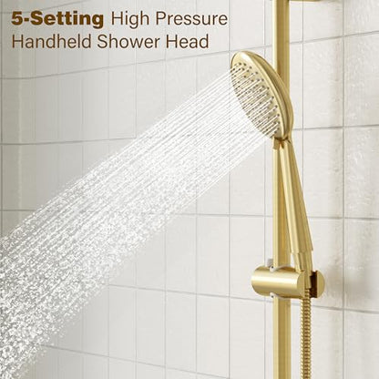 Gabrylly Shower System, Slide Bar Shower Faucet Set, 12", Brushed Gold | Rainfall Shower Head with 5-Setting Handheld Spray, Wall Mounted Shower Set Included 2-Way Shower Valve and Trim Kit - color: Brushed Gold, size: 12 Inch