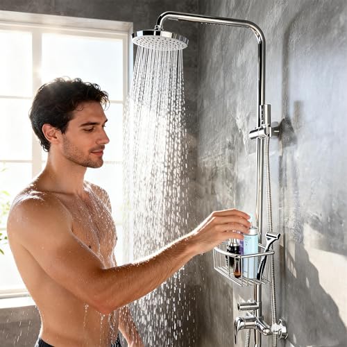 Shower Pole Caddy for Shower-6 Size Riser Ring NO Drilling Tension Shower Caddy Basket for Bathroom-SUS 304 Chrome Shower Caddy Pole with Luxury Standard