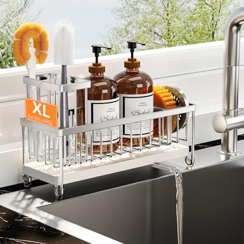 Cisily Sponge Holder for Kitchen Sink, Sink Caddy Organizer with High Brush Holder, Kitchen Countertop Organizers and Storage Essentials, Rustproof 304 Stainless Steel (Large Silver, 10.62″) - color: Silver - 10.62″
