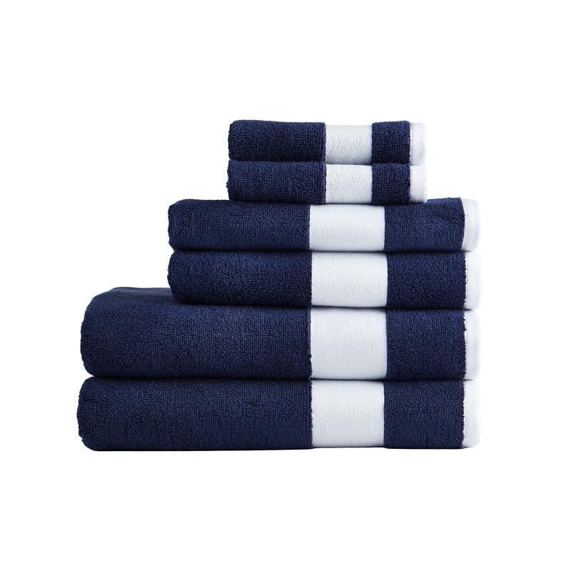 Lacoste Sport Stripe 6-Piece Luxury Cotton Towel Set – Made with 100% Soft Supima Cotton, Absorbent & Quick-Drying, Includes 2 Bath Towels, 2 Hand Towels, 2 Washcloths, Navy - color: Navy