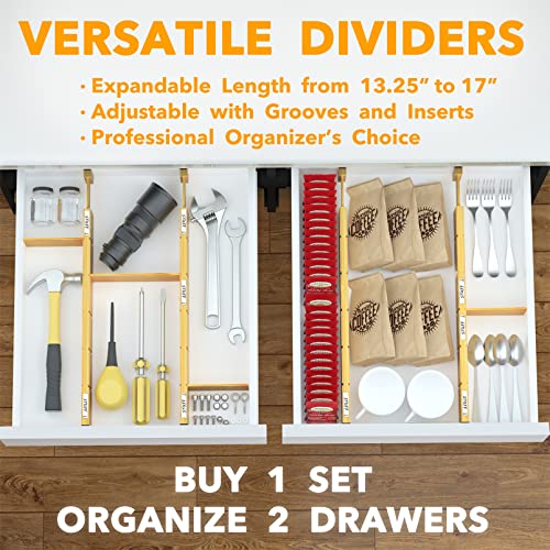 SpaceAid Bamboo 13.25-17“ Drawer Dividers (Need 2.35" Deep Drawer) Kitchen Adjustable Organizers, Expandable Organization for Home, Office, Dressers, 4 Dividers with 9 Inserts