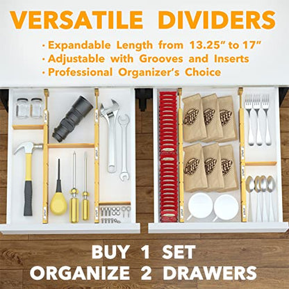 SpaceAid Bamboo 13.25-17“ Drawer Dividers (Need 2.35" Deep Drawer) Kitchen Adjustable Organizers, Expandable Organization for Home, Office, Dressers, 4 Dividers with 9 Inserts