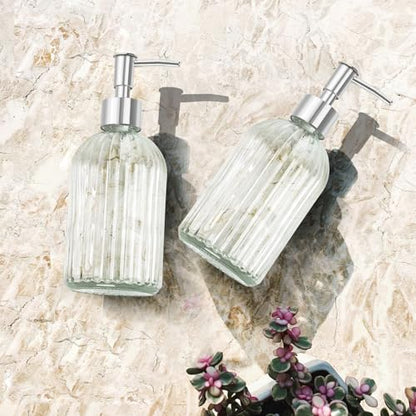 Glass Soap Dispenser with Plastic Pump, Hand Soap Dispenser for Hand Wash, Lotion Dispenser for Dishwashing Liquid, Lotion Shower Gel (Striped Transparent) - color: Striped Transparent