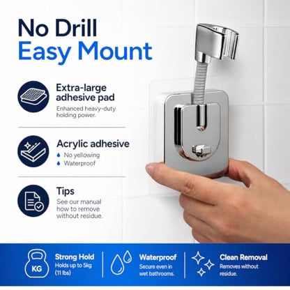 Adhesive Handheld Shower Head Holder - 360 Swivel Adjustable - Wall Mount Shower Wand Holder - (Chrome Finish)