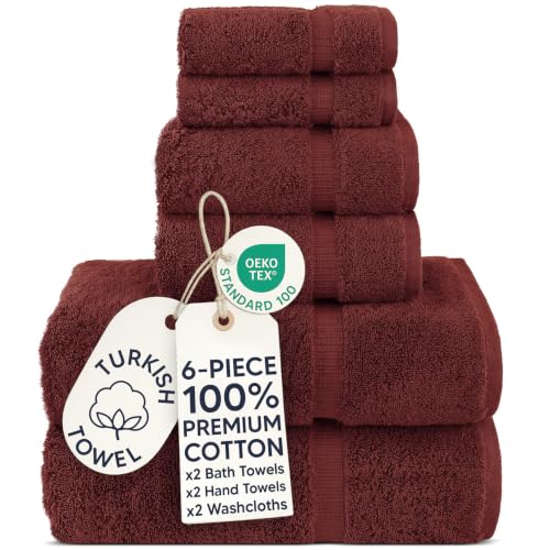 Chakir Turkish Linens 6 Piece Towels Set, 100% Cotton Luxury Turkish Towels for Bathroom, Soft Absorbent Bath Towel Set with 2 Bath Towels 2 Hand Towels 2 Washcloths, Cranberry - color: Cranberry