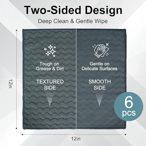 Dual-Sided Microfiber Cloths, 12x12 Lint-Free 6-Pack | Zig-zag side traps grease, soft side polishes. Streak & lint-free for home/auto. Stain-hiding grey, washable 12x12 6-pack.