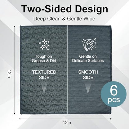 Dual-Sided Microfiber Cloths, 12x12 Lint-Free 6-Pack | Zig-zag side traps grease, soft side polishes. Streak & lint-free for home/auto. Stain-hiding grey, washable 12x12 6-pack.