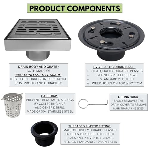 304 Stainless Steel 4 Inch Brushed Nickel Square Shower Drain Kit with Base Broken Lane for Tile Floor Drain Grate Cover Hair Catcher Trap Strainer (Brushed Stainless Steel, PVC Plastic) - color: Brushed Stainless Steel