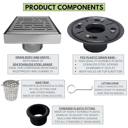 304 Stainless Steel 4 Inch Brushed Nickel Square Shower Drain Kit with Base Broken Lane for Tile Floor Drain Grate Cover Hair Catcher Trap Strainer (Brushed Stainless Steel, PVC Plastic) - color: Brushed Stainless Steel