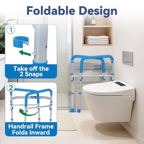 Foldable Safety Rails for Seniors with Handle, 350 LBS Capacity | One-Button Adjustable Width Toilet Grab Bars with Height Adjustment, Ideal for Elderly & Disabled Users, Fits Most Toilet