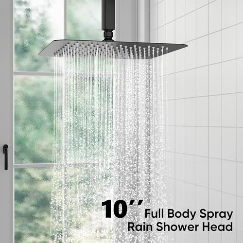 ESNBIA Shower System Black, All Metal Ceiling Shower Faucet Set with Pressure Balance Valve Kit,10" Rain Heads with Handheld Spray Combo, Matte Black - color: Matte Black, size: 10 Inch