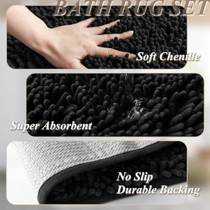 Barossa Design 3 Pcs 71x74 No Hook Shower Curtain Set with Bath Rugs Black | Mesh Window Top, 17Wx24L plus 19Wx29L Chenille Non-Slip Bath Mat, Snap-in Liner - color: Black