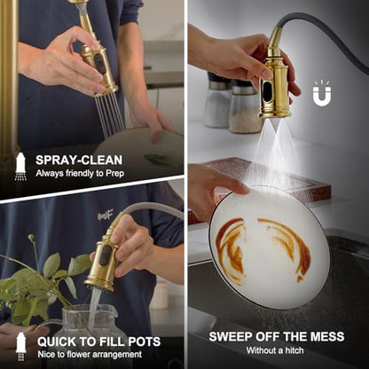 Lava Odoro Curtura Gold Kitchen Faucet with Pull Down Sprayer, Single Handle Kitchen Sink Faucet with Magnetic Docking Spray 3-Function, Brass Faucet for Kitchen Sink 1 Hole and 3 Hole, KF421-SG-M - color: Brushed Gold, style: 3-Mode, Magnetic