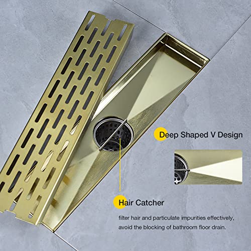 12 Inch Square Linear Shower Drain Brushed Gold Bathroom Floor Drain 304 Stainless Steel with Hair Catcher Strainer Removable Grate Cover ﻿